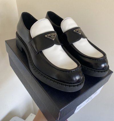 Prada Brushed Leather Logo Loafers Chocolate White