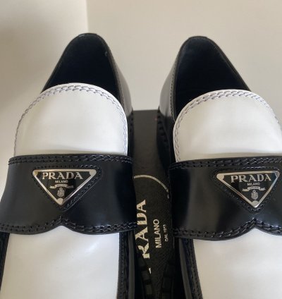 Prada Brushed Leather Logo Loafers Chocolate White