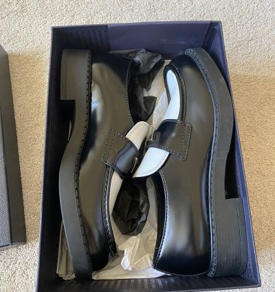 Prada Brushed Leather Logo Loafers Chocolate White