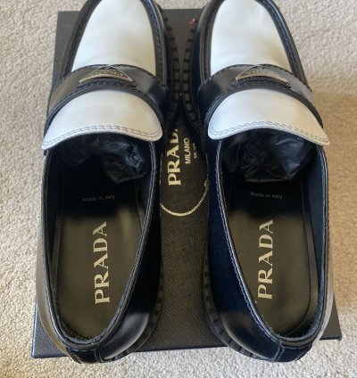 Prada Brushed Leather Logo Loafers Chocolate White