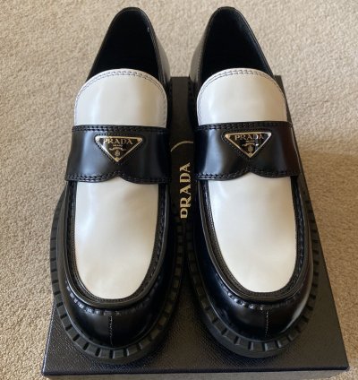 Prada Brushed Leather Logo Loafers Chocolate White