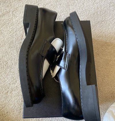 Prada Brushed Leather Logo Loafers Chocolate White