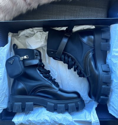 Prada Leather And Nylon Platform Combat Boots With Pouches