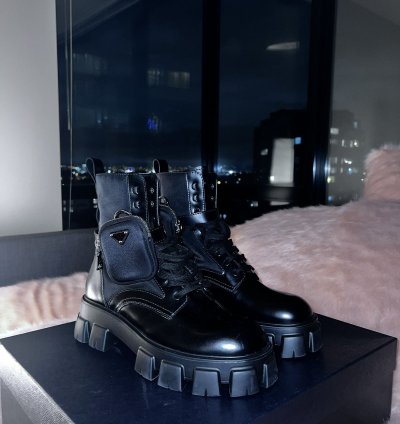 Prada Leather And Nylon Platform Combat Boots With Pouches