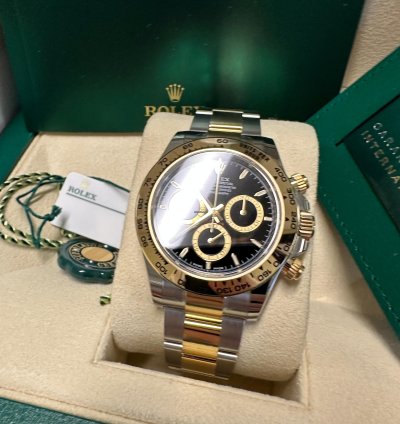 Rolex Daytona New 2024 Black Dial Yellow Subdials Two Tone Yellow Gold Oyster Chronograph