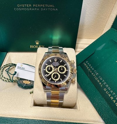 Rolex Daytona New 2024 Black Dial Yellow Subdials Two Tone Yellow Gold Oyster Chronograph
