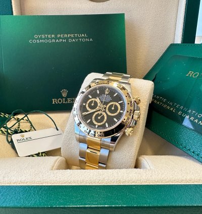 Rolex Daytona New 2024 Black Dial Yellow Subdials Two Tone Yellow Gold Oyster Chronograph