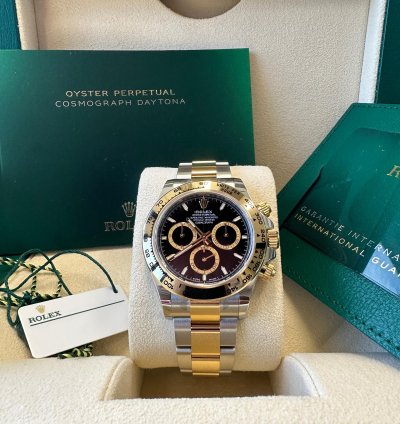Rolex Daytona New 2024 Black Dial Yellow Subdials Two Tone Yellow Gold Oyster Chronograph