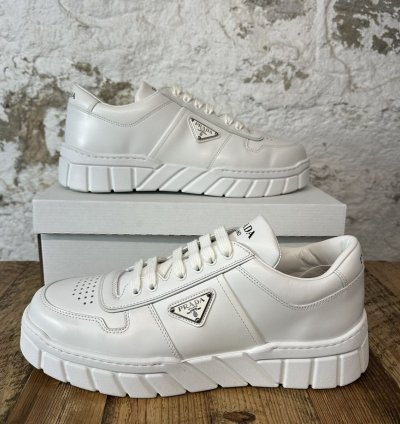 Prada Logo Plaque White Leather Low Top Sneaker Size 11 New