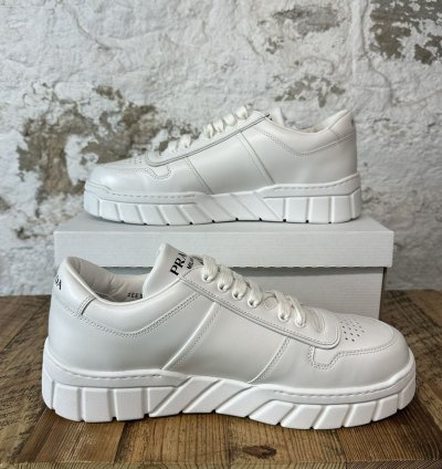 Prada Logo Plaque White Leather Low Top Sneaker Size 11 New