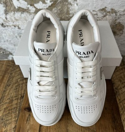 Prada Logo Plaque White Leather Low Top Sneaker Size 11 New