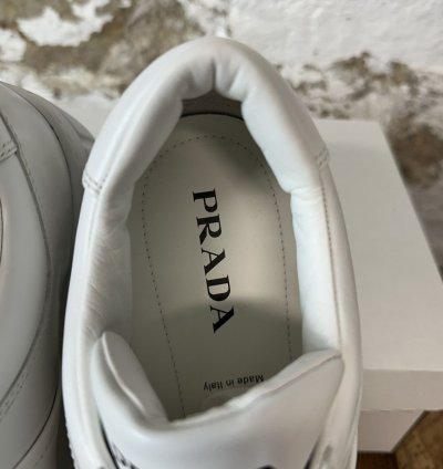 Prada Logo Plaque White Leather Low Top Sneaker Size 11 New