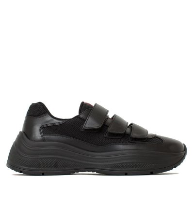 Prada Men America Cup Leather Strapped Sneakers Black