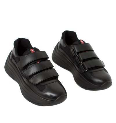 Prada Men America Cup Leather Strapped Sneakers Black