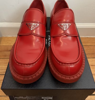 Prada Men Triangle Loafers In Red