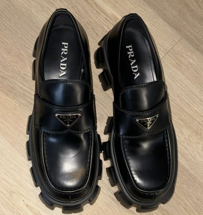 Prada Monolith Triangle Logo Loafers