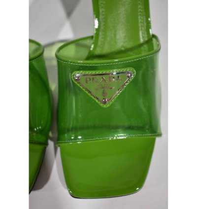 Prada Plexiglas Green Pvc Patent Leather Backless Sandal
