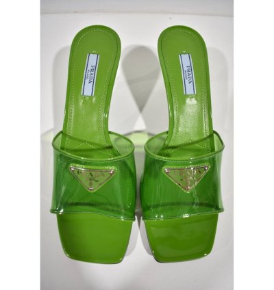 Prada Plexiglas Green Pvc Patent Leather Backless Sandal