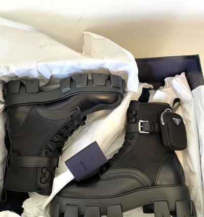 Prada Re-nylon Leather Zip Pocket Combat Boots Size 9 Us