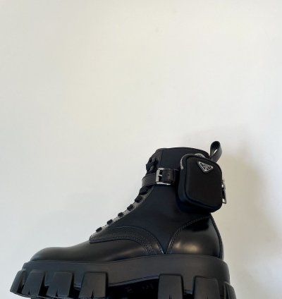 Prada Re-nylon Leather Zip Pocket Combat Boots Size 9 Us