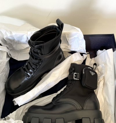 Prada Re-nylon Leather Zip Pocket Combat Boots Size 9 Us