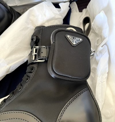 Prada Re-nylon Leather Zip Pocket Combat Boots Size 9 Us