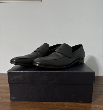 Prada Saffiano Logo Penny Loafers