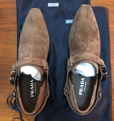 Prada Santiago Suede Logo Harness Western Brogue Shoe