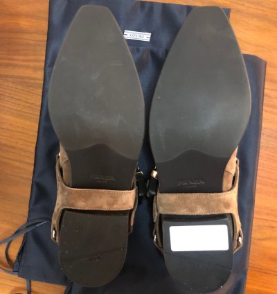 Prada Santiago Suede Logo Harness Western Brogue Shoe