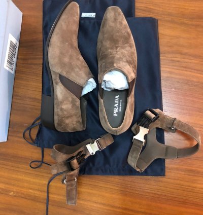 Prada Santiago Suede Logo Harness Western Brogue Shoe