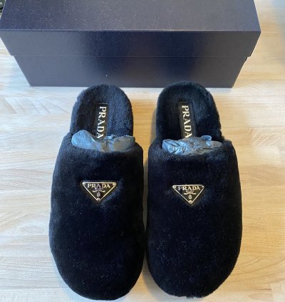 Prada Shearling Fur Logo Plaque Mules Clogs Slip On