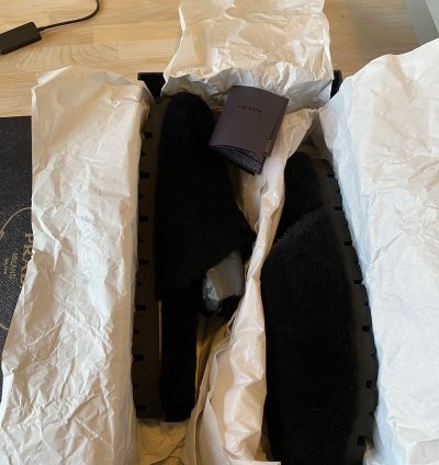 Prada Shearling Fur Logo Plaque Mules Clogs Slip On