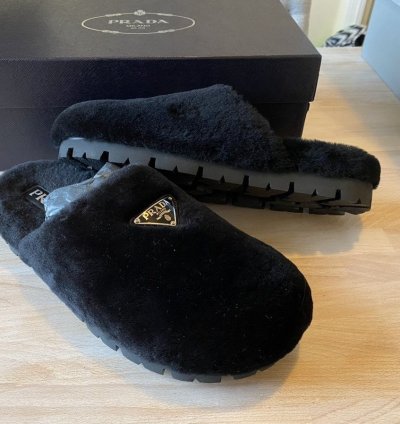 Prada Shearling Fur Logo Plaque Mules Clogs Slip On