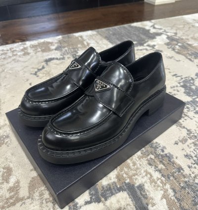 Prada Spazzolato Logo Platform Leather Loafers