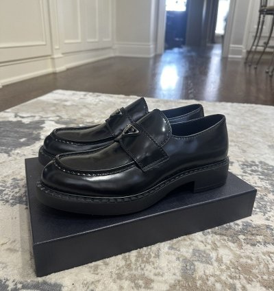 Prada Spazzolato Logo Platform Leather Loafers