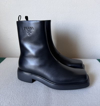 Prada Square Toe Leather Ankle Boots In Black