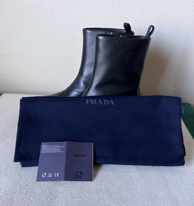Prada Square Toe Leather Ankle Boots In Black