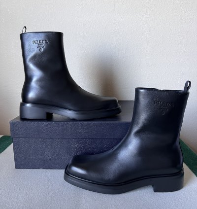 Prada Square Toe Leather Ankle Boots In Black
