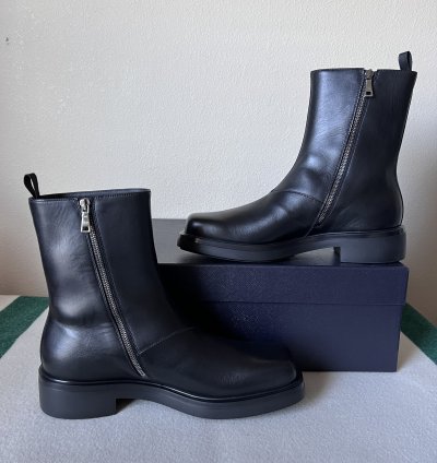 Prada Square Toe Leather Ankle Boots In Black