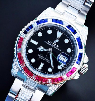 Rolex Gmt-master Ii Pepsi 40 Mm Oyster Black Dial Custom Diamond-set - Iced Out