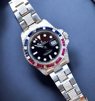 Rolex Gmt-master Ii Pepsi 40 Mm Oyster Black Dial Custom Diamond-set - Iced Out