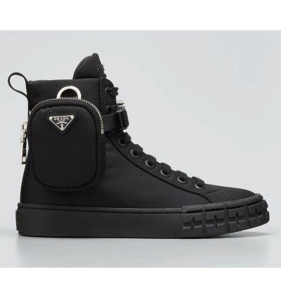 Prada Wheel Nylon Black Zip Pouch Logo High Top Sneaker