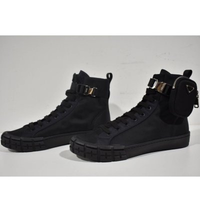 Prada Wheel Nylon Black Zip Pouch Logo High Top Sneaker