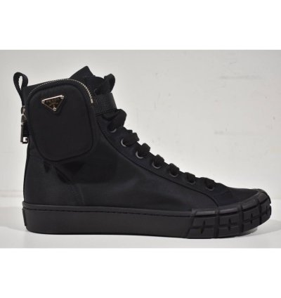 Prada Wheel Nylon Black Zip Pouch Logo High Top Sneaker