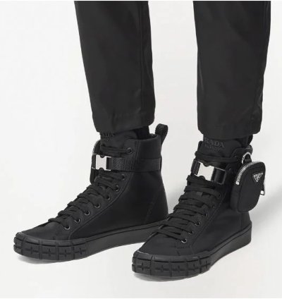 Prada Wheel Nylon Black Zip Pouch Logo High Top Sneaker
