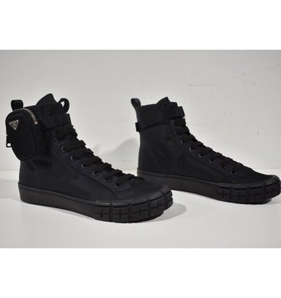 Prada Wheel Nylon Black Zip Pouch Logo High Top Sneaker