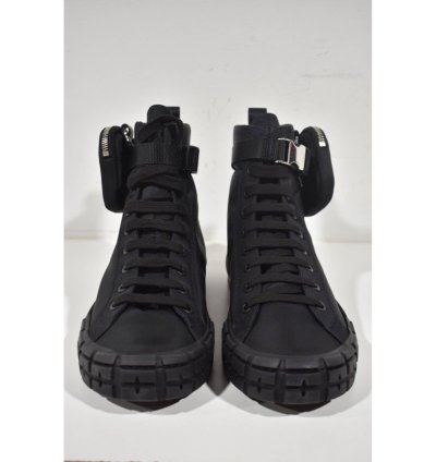 Prada Wheel Nylon Black Zip Pouch Logo High Top Sneaker