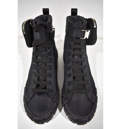Prada Wheel Nylon Black Zip Pouch Logo High Top Sneaker
