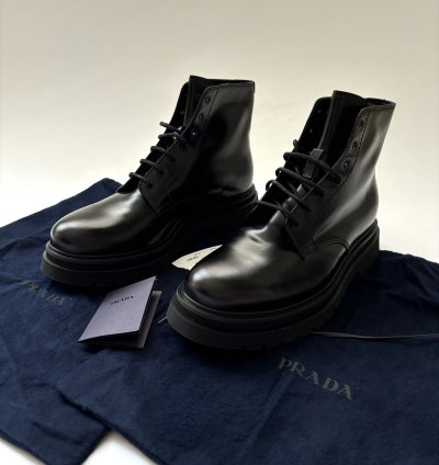Quick Prada Black Lace Up Low Combat Boots