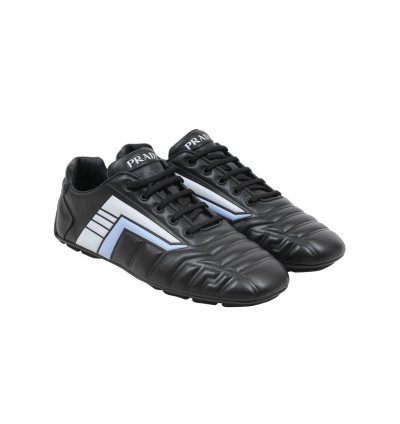 Rev Sneakers Black Padded Leather Blue Stripe Soccer Low Top